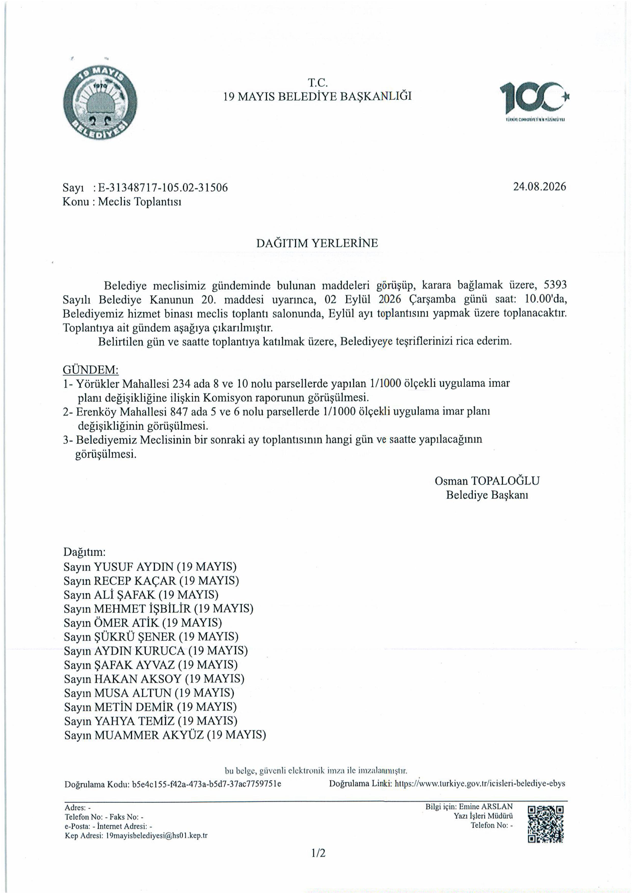 Eylül Ayı Olağan Meclis Toplantısı Duyurusu