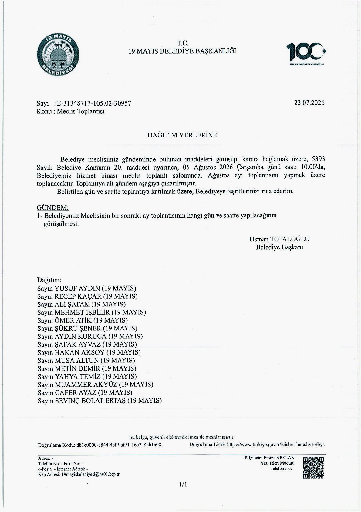 Meclis Toplantısı ( 5 Ağustos 2026)